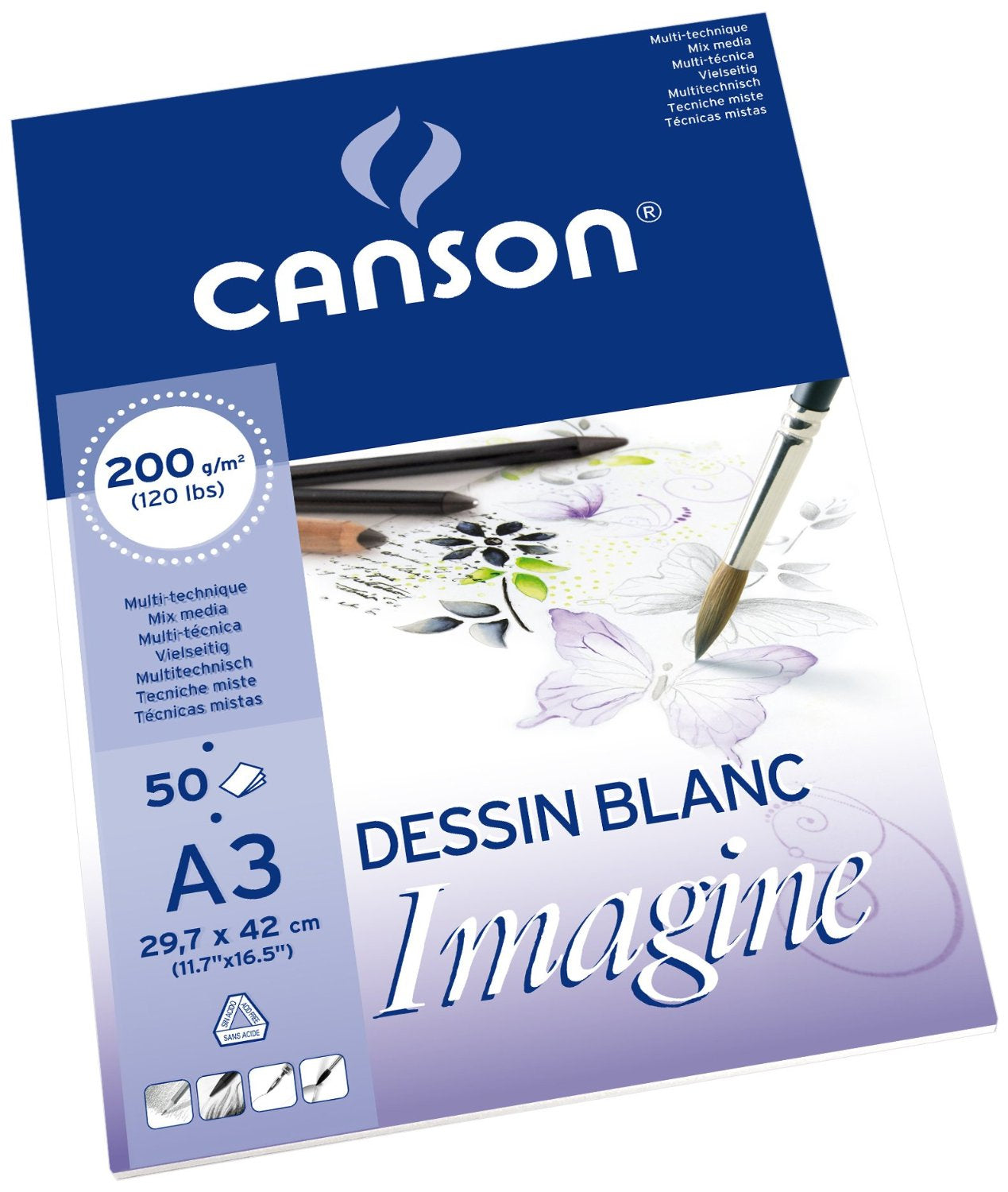 Canson Imagine Mixed Media Block – A3 – 200 g/m² – 50 Blatt, weiss, für Aquarell, Gouache & Marker