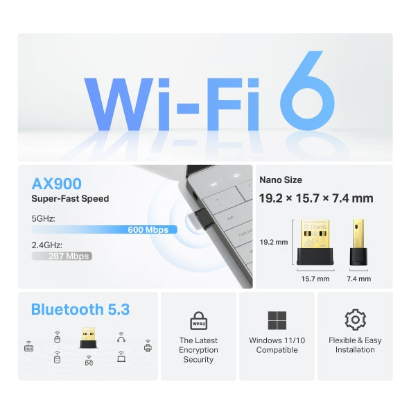 TP-Link Archer TX10UB Nano – USB-Adapter (Wi-Fi 6 (802.11ax), Dual-Band) – 600 Mbit/s, Bluetooth 5.3, USB 2.0