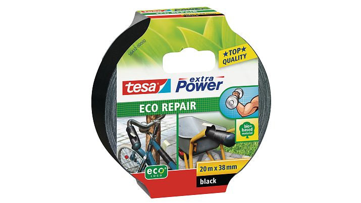 tesa Gewebeband extra Power Eco Repair – 38 mm × 20 m, schwarz, extra stark, eco:plus