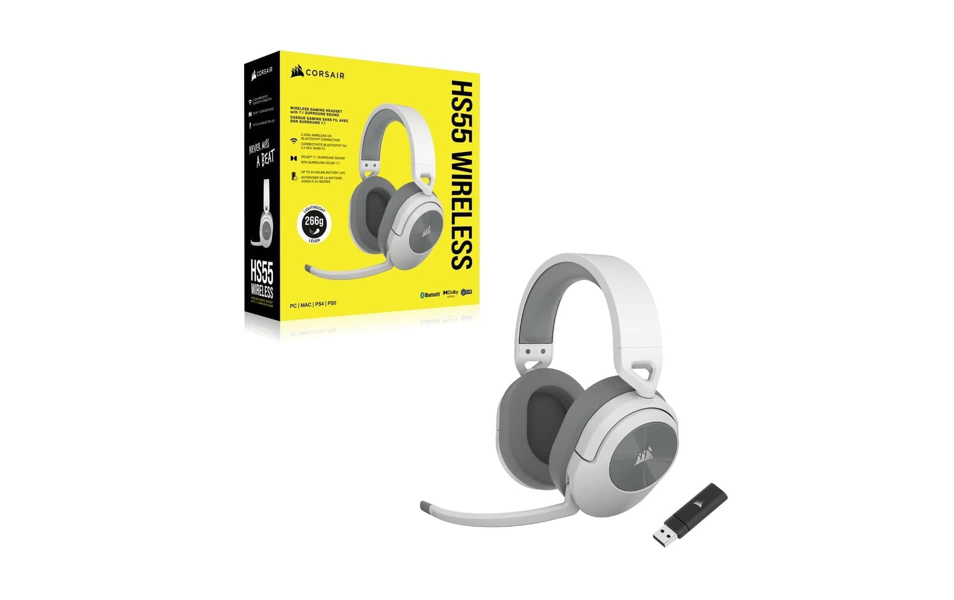 Corsair HS55 WIRELESS – Gaming-Headset, Over-Ear – 2,4 GHz/Bluetooth 5,2, mit Mikrofon – Weiss