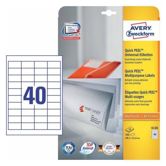 AVERY Zweckform 6126 – Etiketten A4 48,5 × 25,4 mm – permanent haftend – Laser/Inkjet – 40 pro Blatt, 10 Blätter