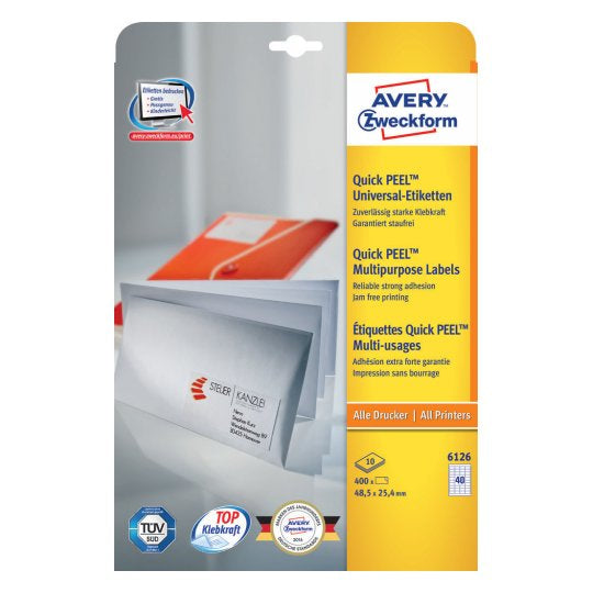 AVERY Zweckform 6126 – Etiketten A4 48,5 × 25,4 mm – permanent haftend – Laser/Inkjet – 40 pro Blatt, 10 Blätter