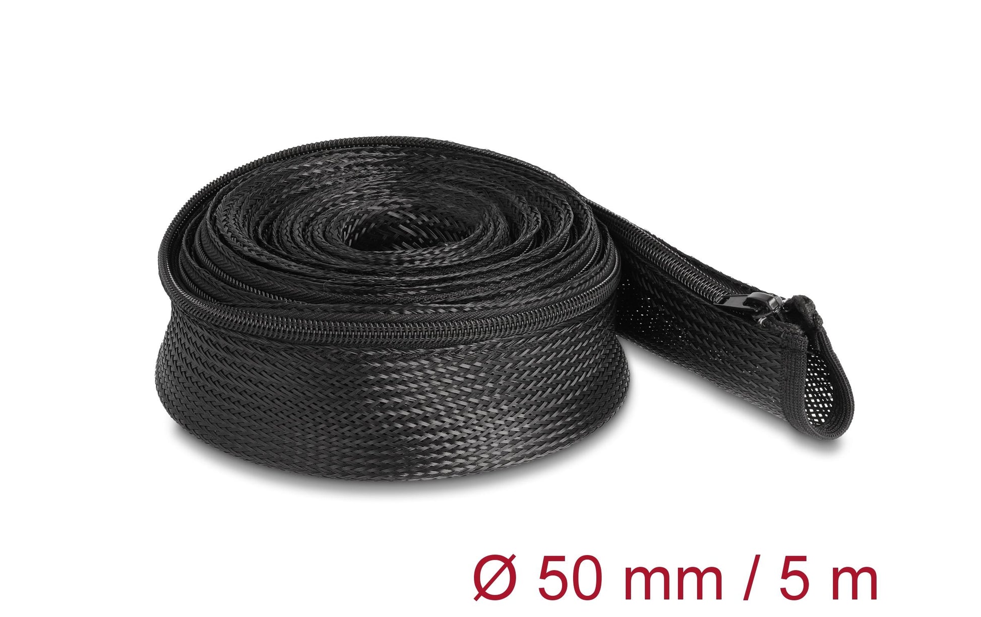 DeLOCK Kabelschlauch, Ø 50 mm × 5 m, Reissverschluss, hitzebeständig, wiederverwendbar – schwarz