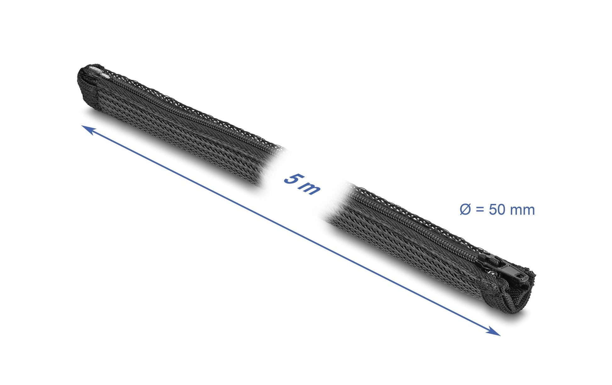DeLOCK Kabelschlauch, Ø 50 mm × 5 m, Reissverschluss, hitzebeständig, wiederverwendbar – schwarz