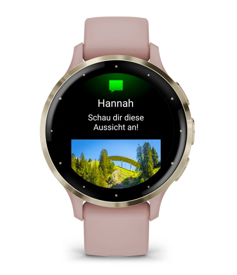 Garmin Venu 3S – Smartwatch – 41 mm, 1,2", GPS, WLAN, AMOLED, Gorilla Glass, 50 m, Hellrosa/Gold, Sportarmband