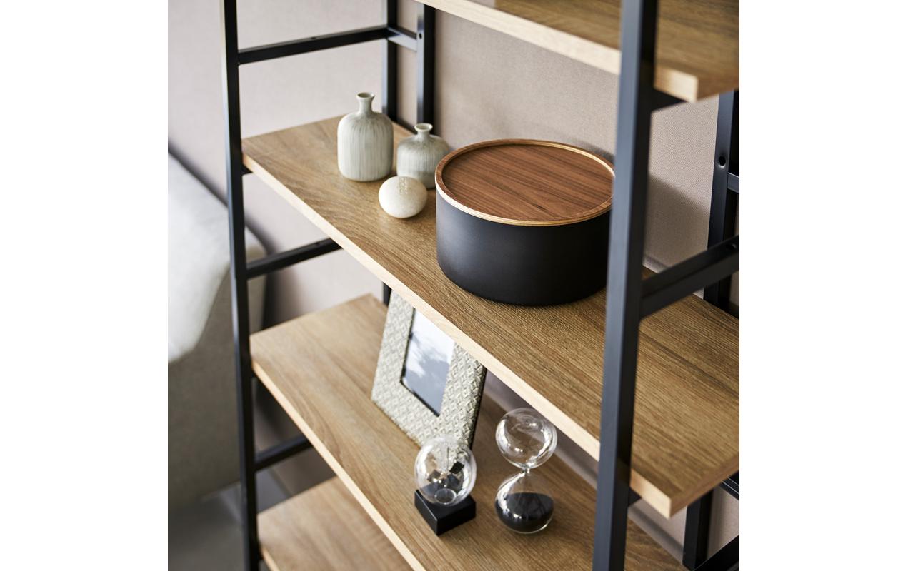 Yamazaki Aufbewahrungsbox (mit Deckel) – Stahl/Holz – Schwarz/Natur – Ø 220 × H 110 mm