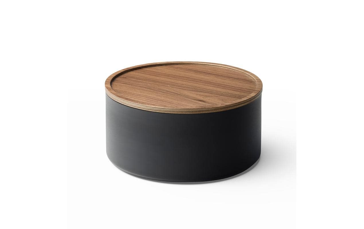 Yamazaki Aufbewahrungsbox (mit Deckel) – Stahl/Holz – Schwarz/Natur – Ø 220 × H 110 mm