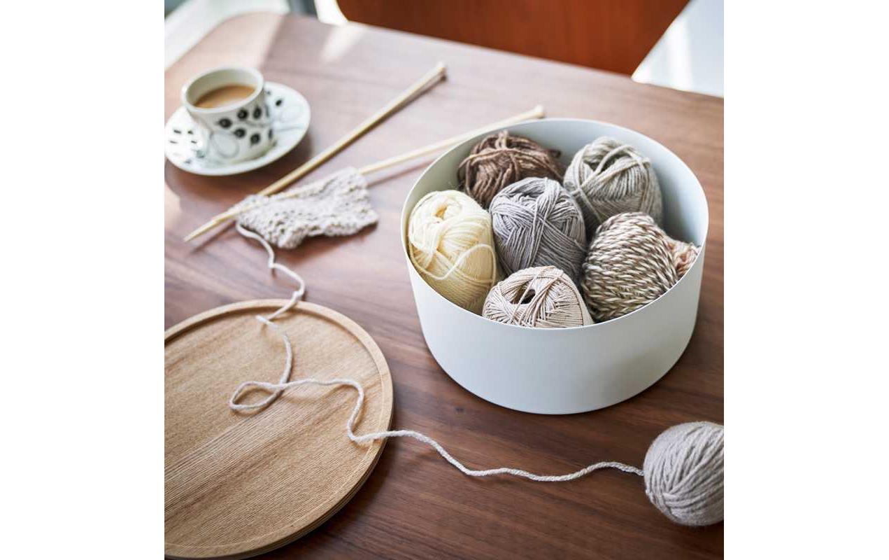 Yamazaki Aufbewahrungsbox (mit Deckel) – Sperrholz/Stahl – Weiss/Braun – Ø 220 × H 110 mm
