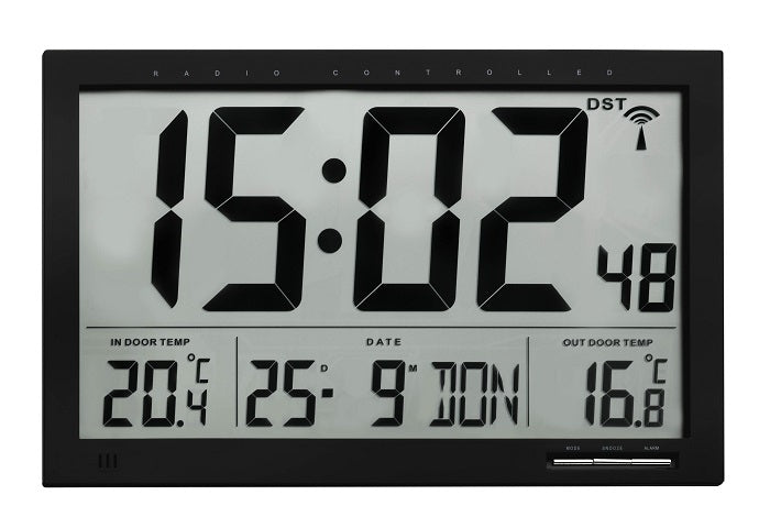 TFA-Dostmann TFA Dostmann Wanduhr – Digital, Funk, Thermometer, lautlos, 37 × 23 × 2,9 cm, schwarz