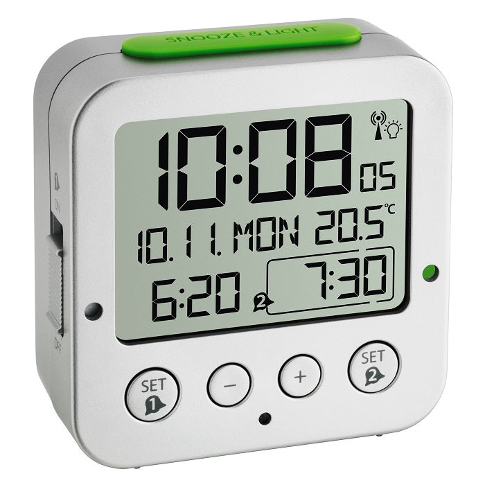 TFA-Dostmann TFA Dostmann BINGO Digitalwecker – Funk, Snooze, Thermometer, 8,1 × 8,1 × 3,3 cm, Silber