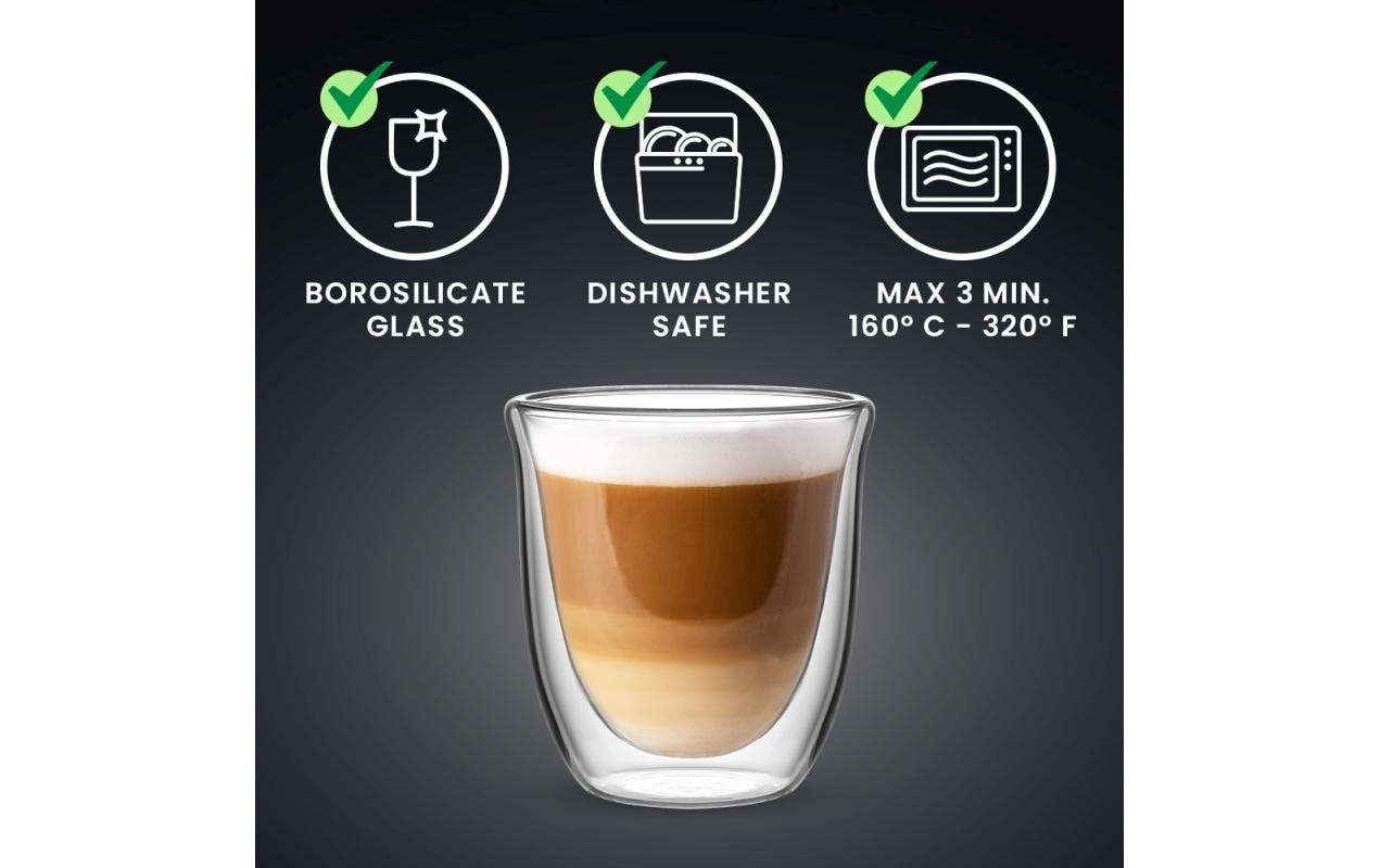 Bialetti Cappuccinotasse – 2er Set, 200 ml, Borosilikatglas, Transparent, doppelwandig, mikrowellengeeignet
