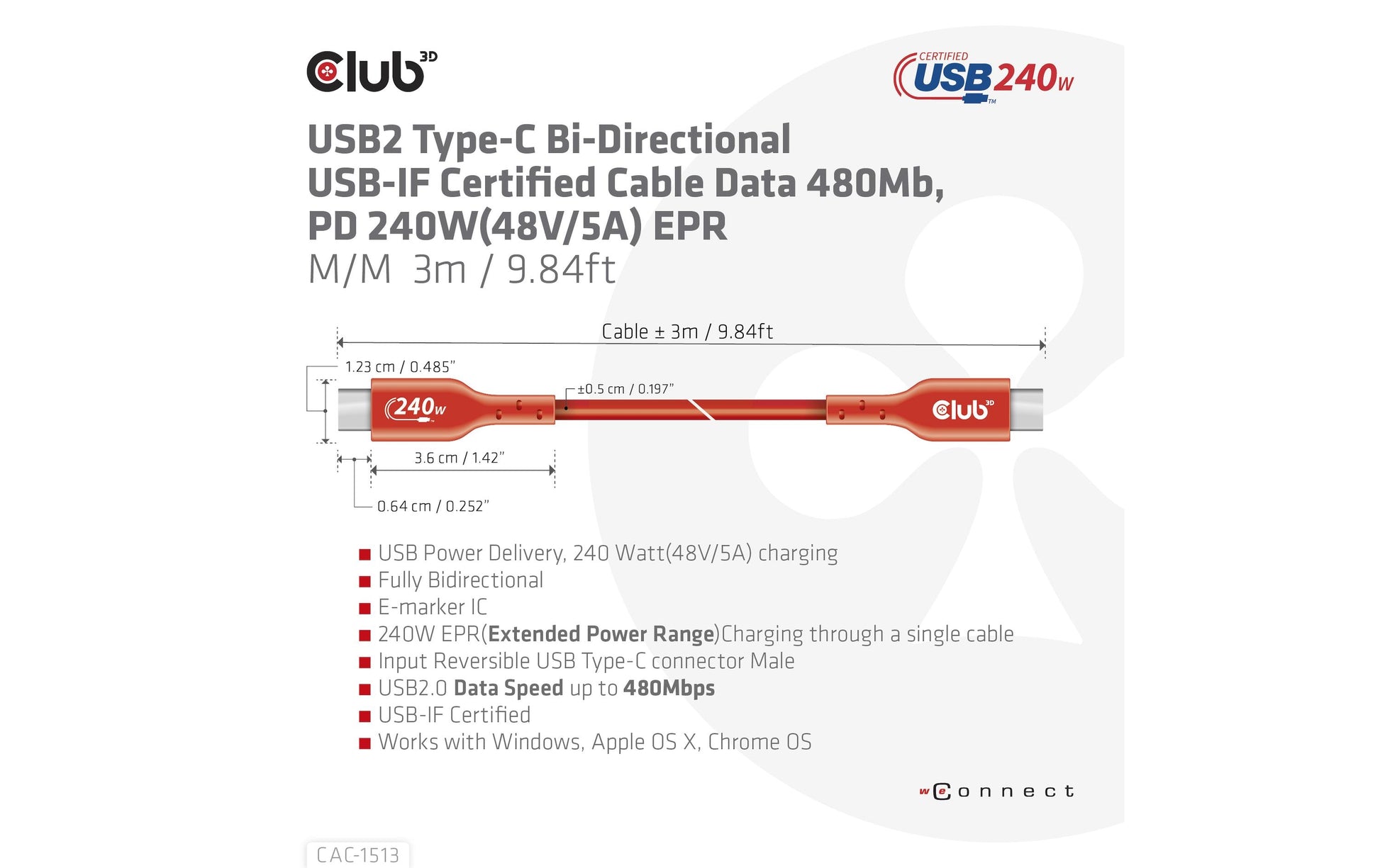 CLUB3D Club 3D – USB-C auf USB-C Kabel – USB 2.0 (480 Mbps) – 3 m – PD 240 W – USB-IF zertifiziert, verstärkt