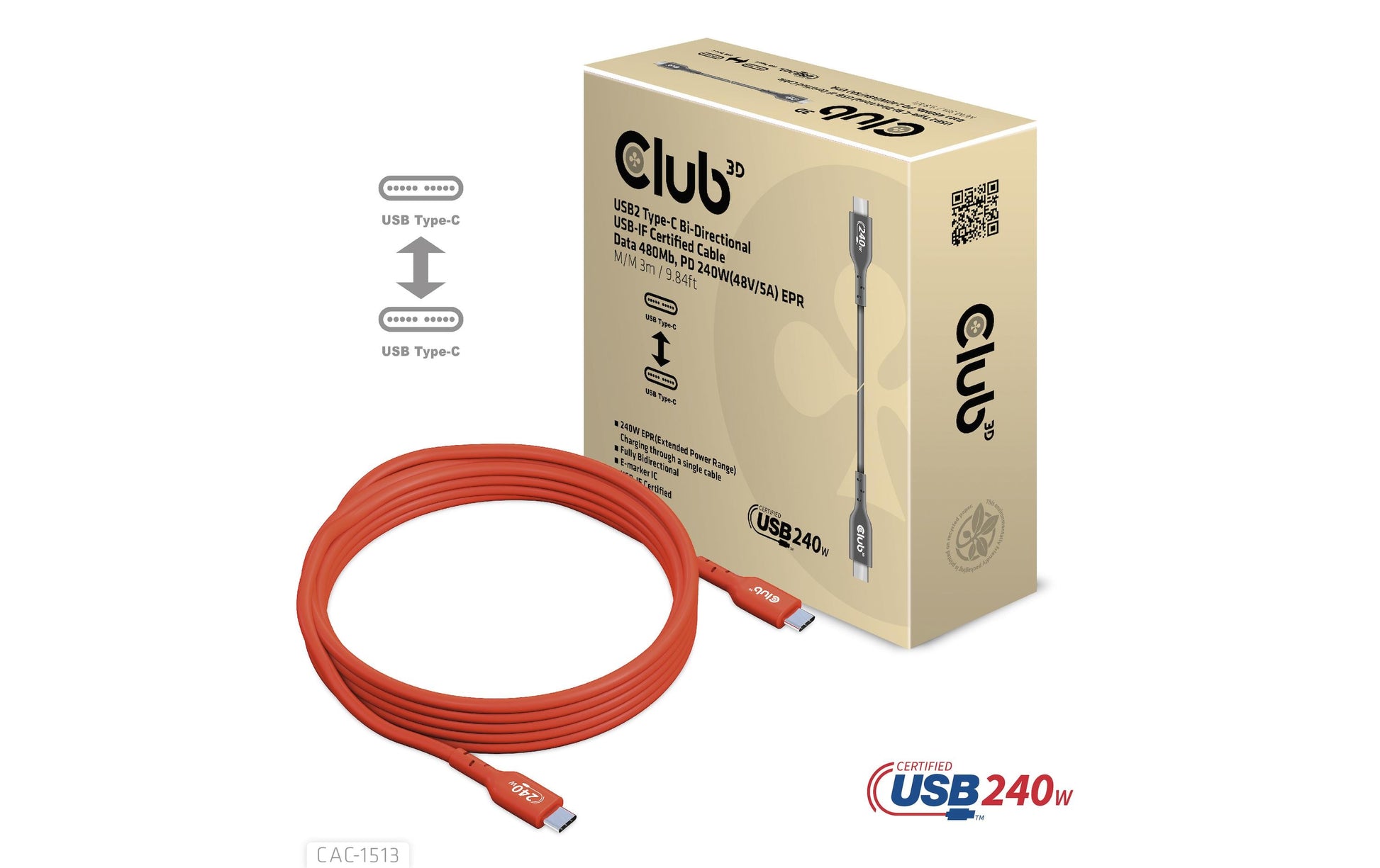 CLUB3D Club 3D – USB-C auf USB-C Kabel – USB 2.0 (480 Mbps) – 3 m – PD 240 W – USB-IF zertifiziert, verstärkt
