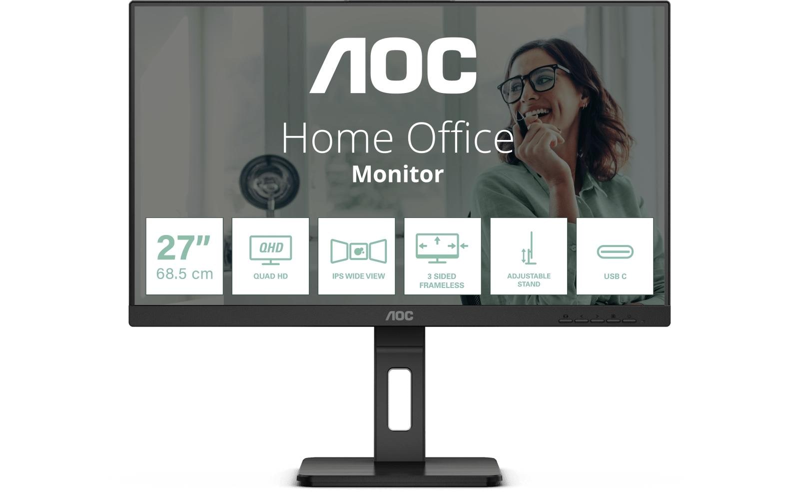 AOC Monitor, 27", IPS, 75 Hz, 350 cd/m², USB-C, Daisy Chain, USB-Hub, VESA 100 × 100, Schwarz