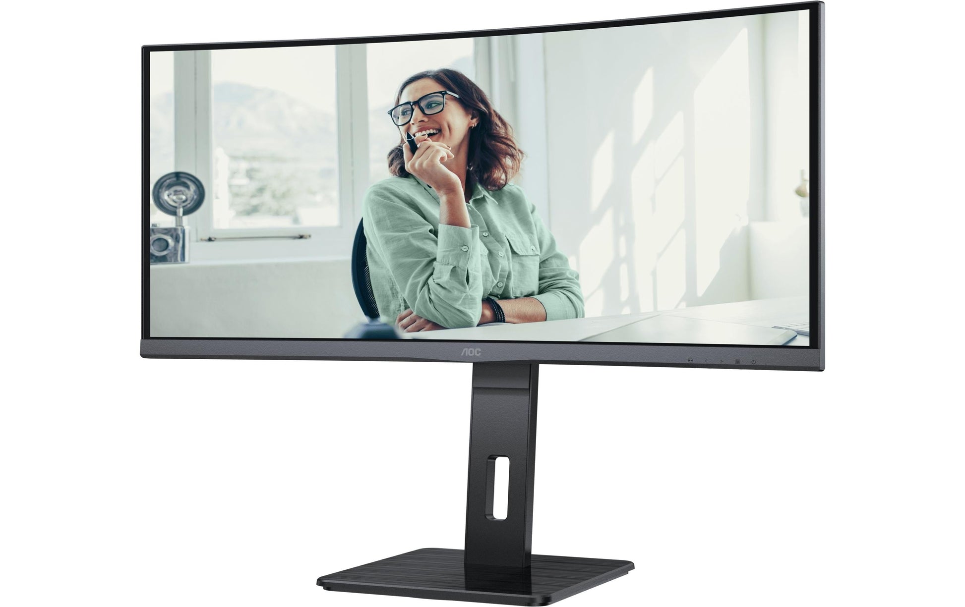 AOC Monitor, 34", 3440 × 1440 (UWQHD), VA, 100 Hz, 300 cd/m², KVM, USB-C, Gebogen, VESA 100 × 100, Schwarz