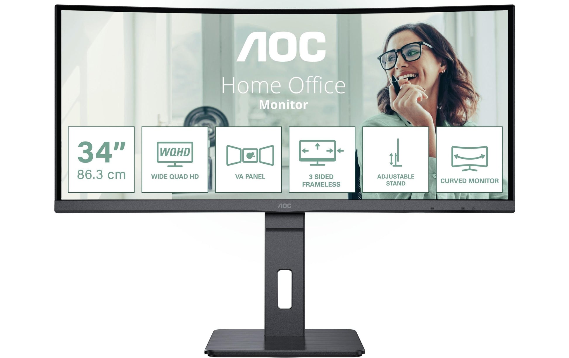 AOC Monitor, 34", 3440 × 1440 (UWQHD), VA, 100 Hz, 300 cd/m², KVM, USB-C, Gebogen, VESA 100 × 100, Schwarz