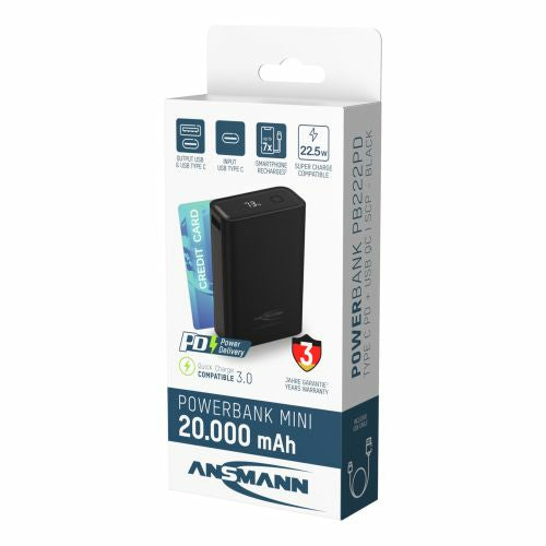Ansmann PB222PD Powerbank 20'000 mAh – 22,5 W PD, 1× USB-C, 1× USB-A, schwarz