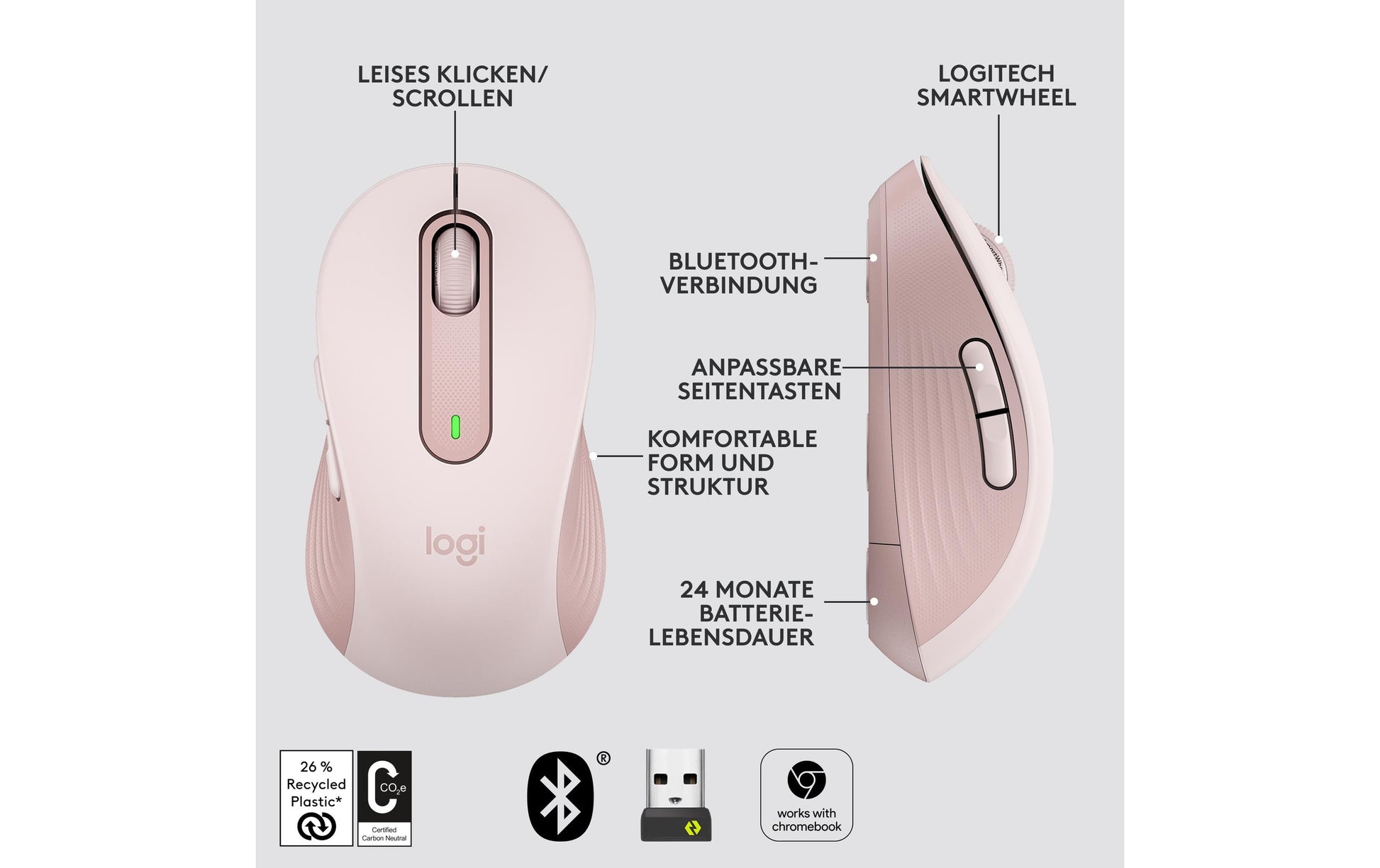 Logitech M650 L Maus – kabellos, für Rechtshänder, rosa