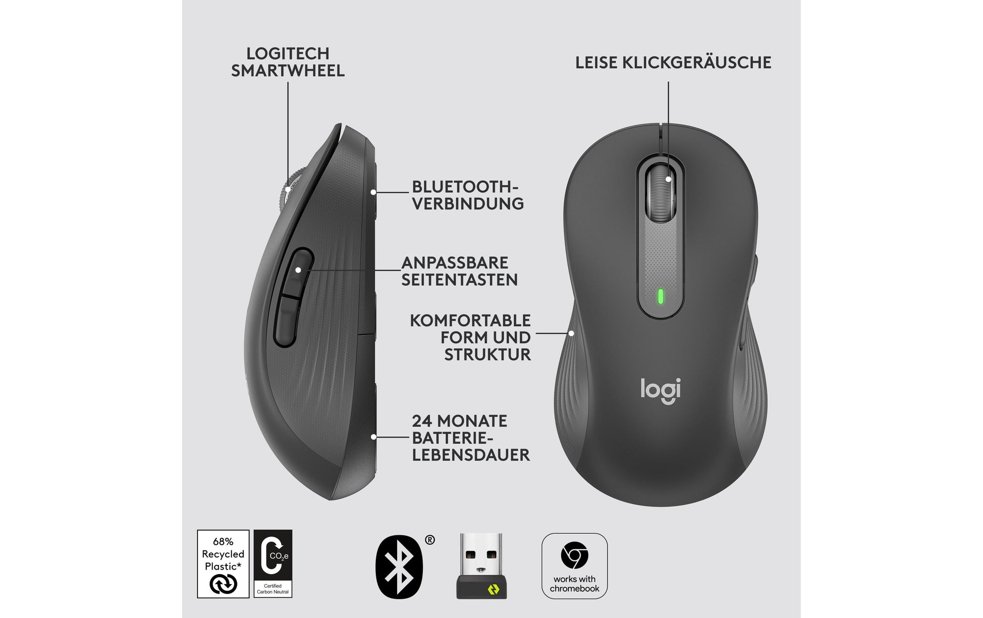 Logitech M650 L Maus – kabellos, für Linkshänder, Graphit