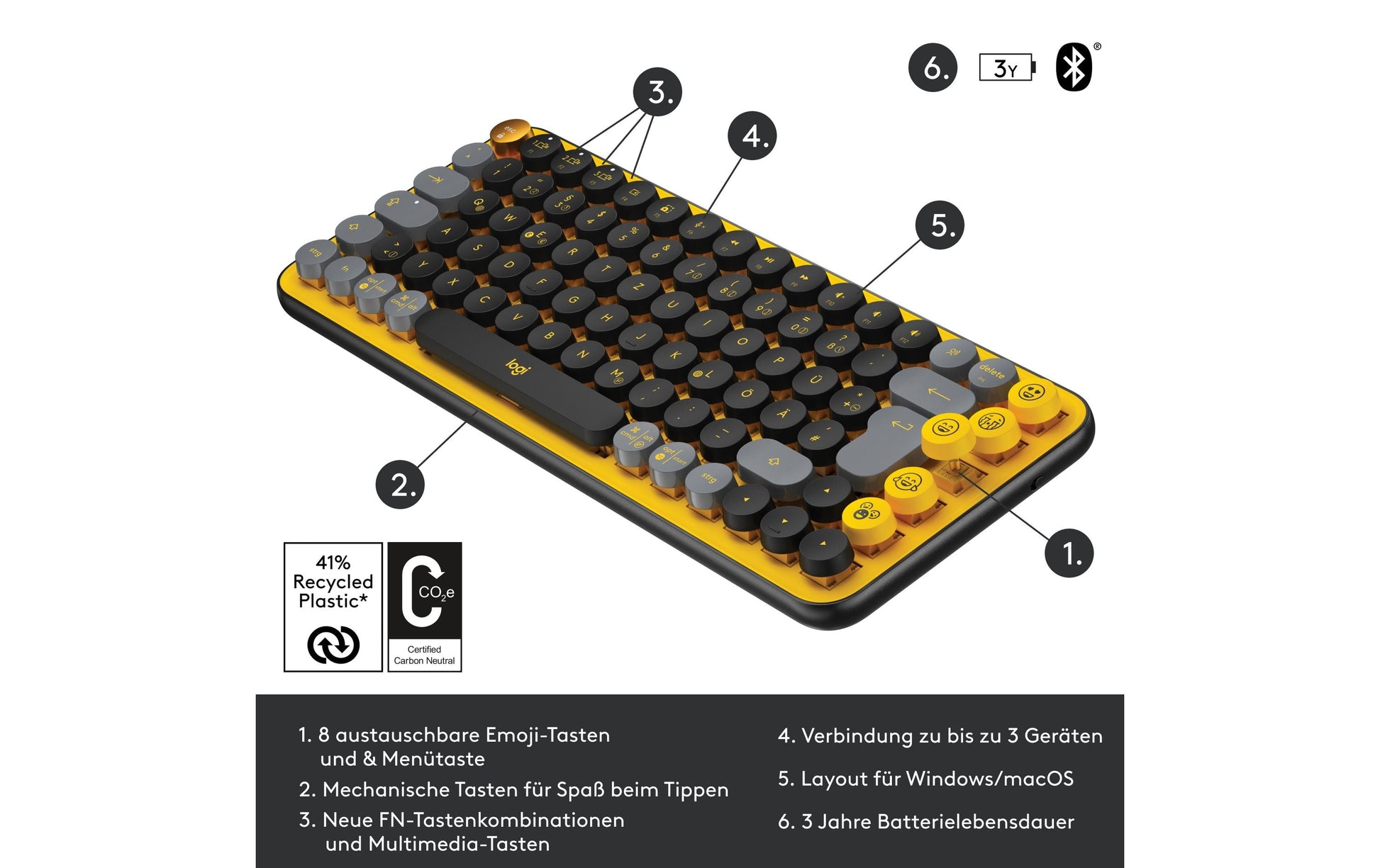 Logitech POP Keys – Tastatur, kabellos (Bluetooth/2,4 GHz), CH-Layout (DE-CH) – für Windows & macOS