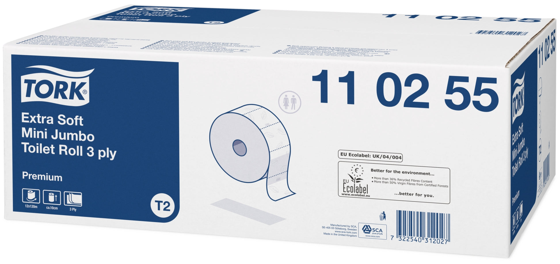 Tork Mini Jumbo Toilettenpapier – 3-lagig, Rollenlänge 120 m, Rollendurchmesser 187 mm – für Tork T2 – 12 Rollen
