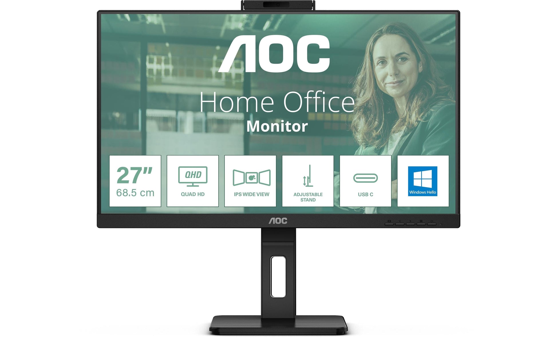 AOC Monitor, 27", 2560 × 1440 (WQHD), IPS, 75 Hz, 350 cd/m², Webcam, 4× USB 3.0, VESA 100 × 100, Schwarz