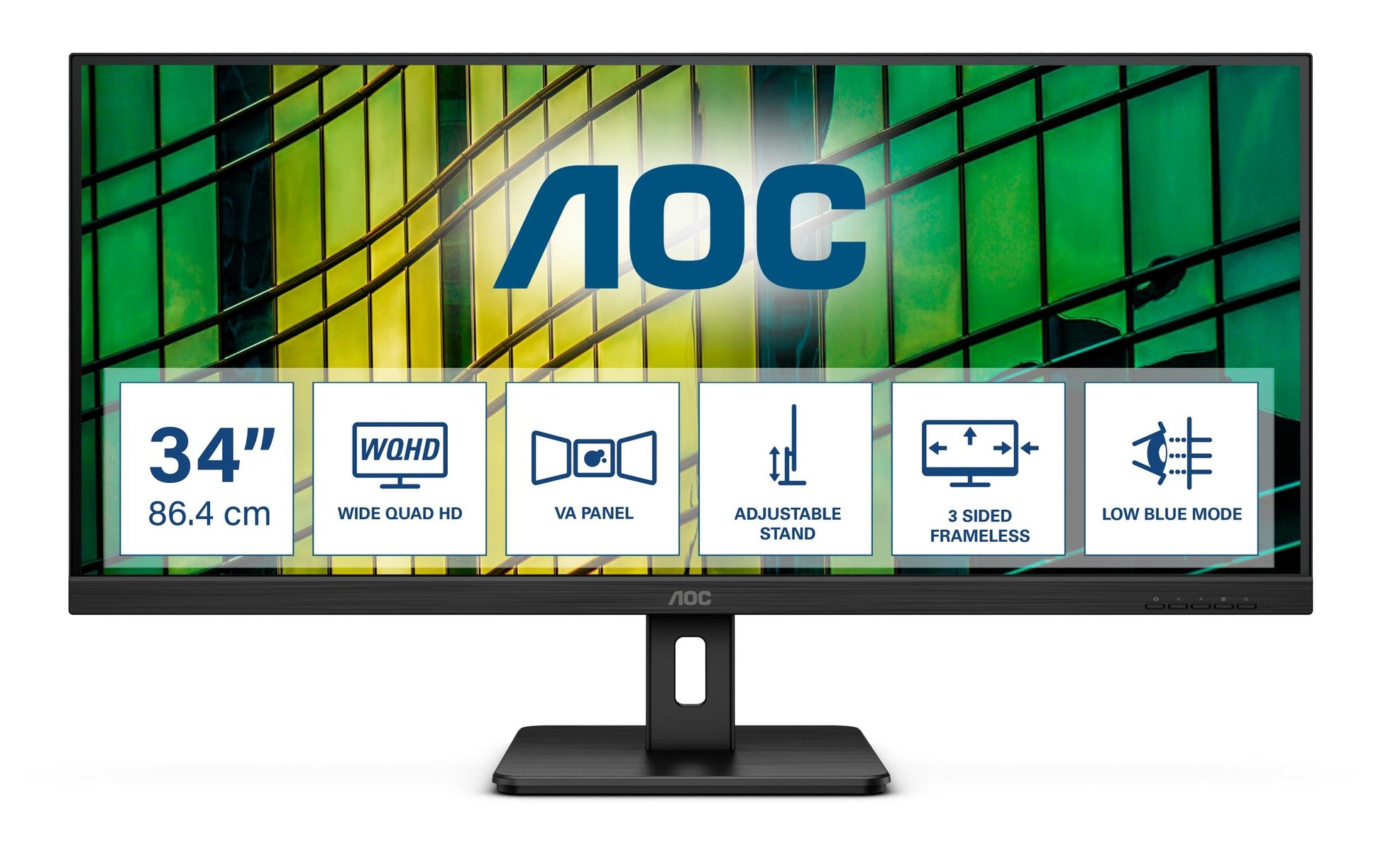 AOC Monitor, 34", 3440 × 1440, VA, 100 Hz, 300 cd/m², Adaptive Sync, VESA 100 × 100, Schwarz