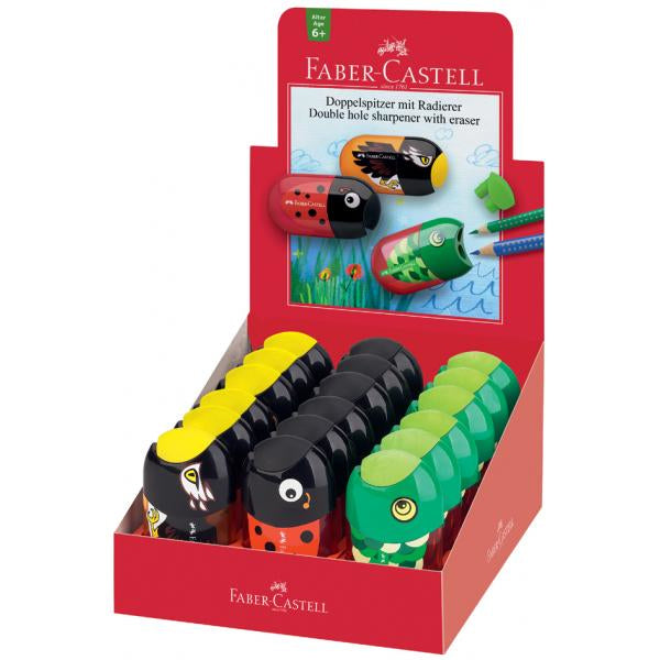 Faber-Castell Spitzer – manuell, 2-Loch, mit Behälter, Tiere, assortiert, 12 Stück