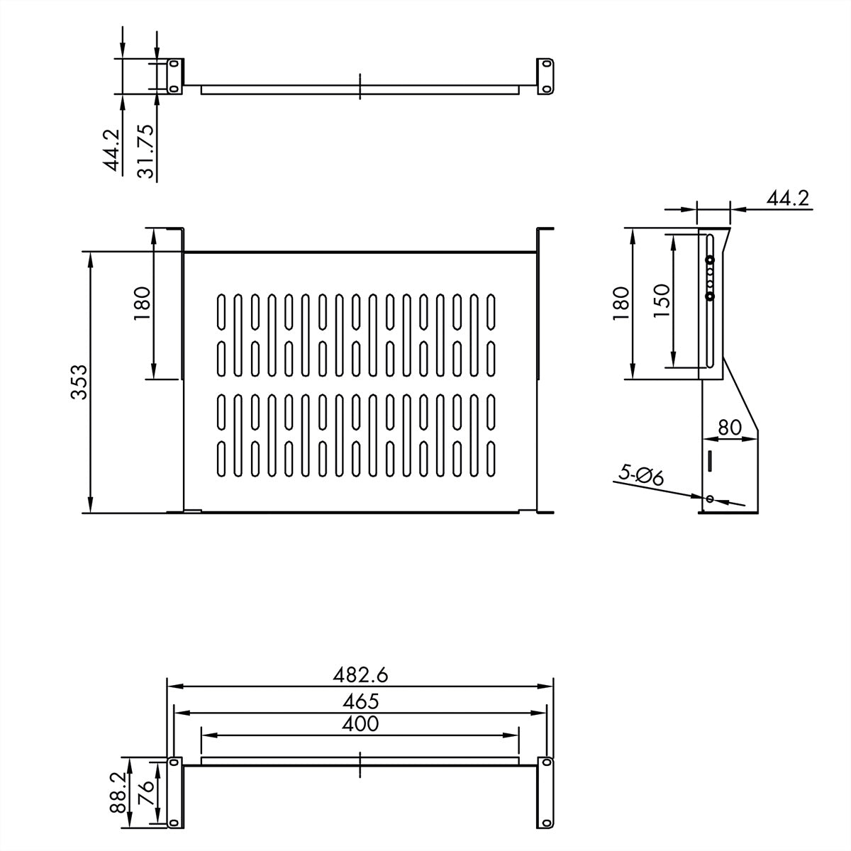 VALUE 19" Geräteträger - Regalboden - 19" Rack, 2U, 485×350 mm, 25 kg, Schwarz
