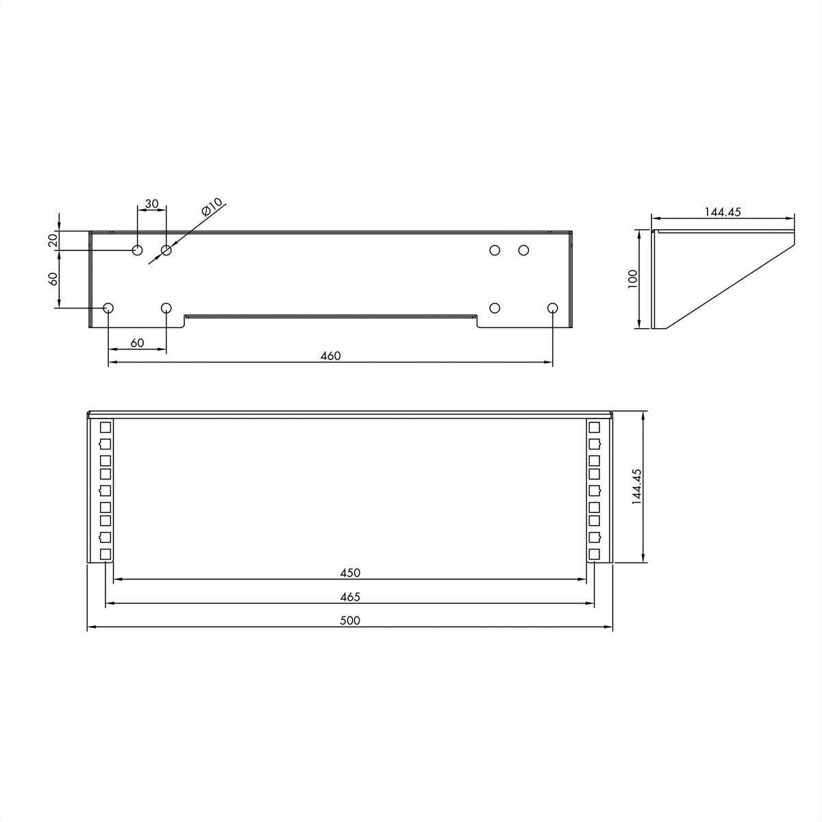 VALUE 19" Wand-/Untertischhalterung, 3 HE, 10 kg Tragkraft, 435×250 mm, Schwarz