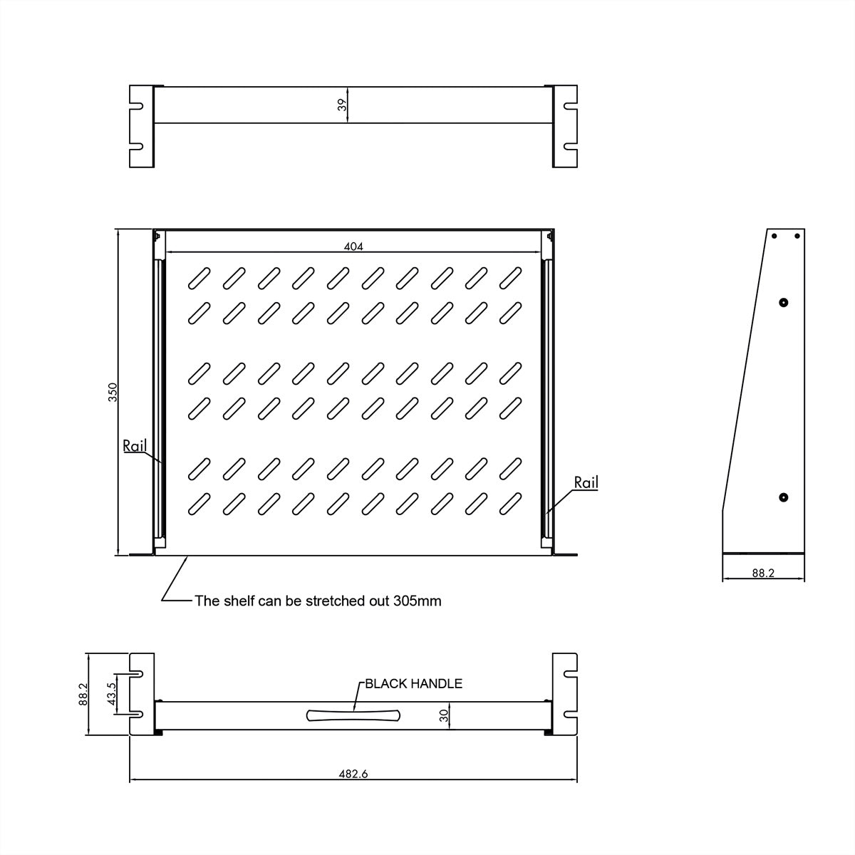 VALUE Rack-Regalboden 19" – ausziehbar – 2U – 483 × 350 × 88 mm – 30 kg – schwarz – Stahl