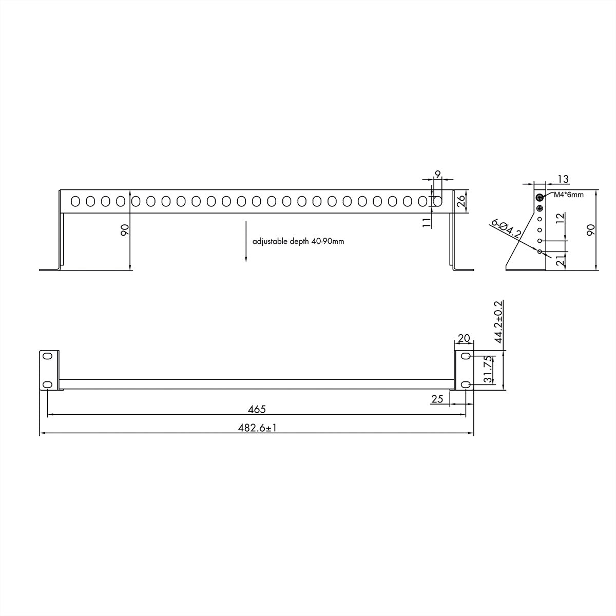 VALUE Rangierpanel 19" 1U, einstellbare Tiefe 40–90 mm, 25×Ø 9 mm Schnürlöcher, 483×90×44 mm – schwarz