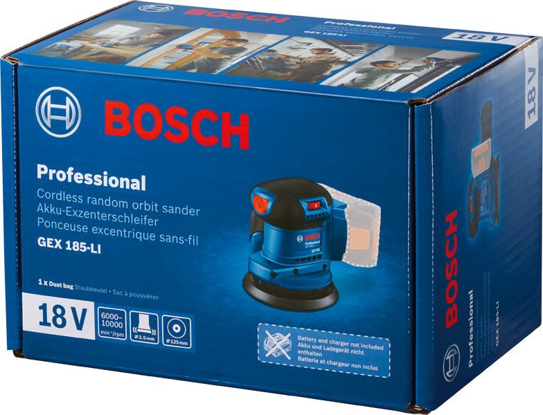 Bosch Professioneller Exzenterschleifer GEX 185-LI – 18 V (AMPShare) – Klettverschluss – Solo – Staubsack