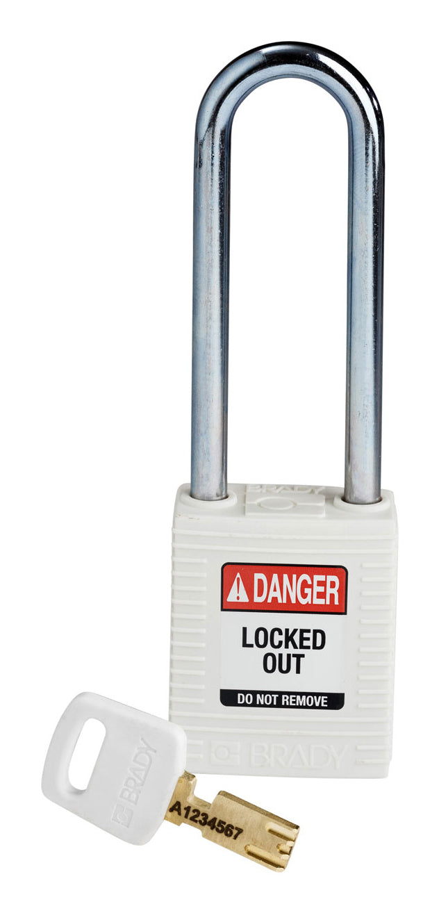 Brady SafeKey Mechanisches Vorhängeschloss – Nylon, Bügel 76×20 mm, Schäkeldurchmesser 6 mm, 38×19×46 mm, Weiss