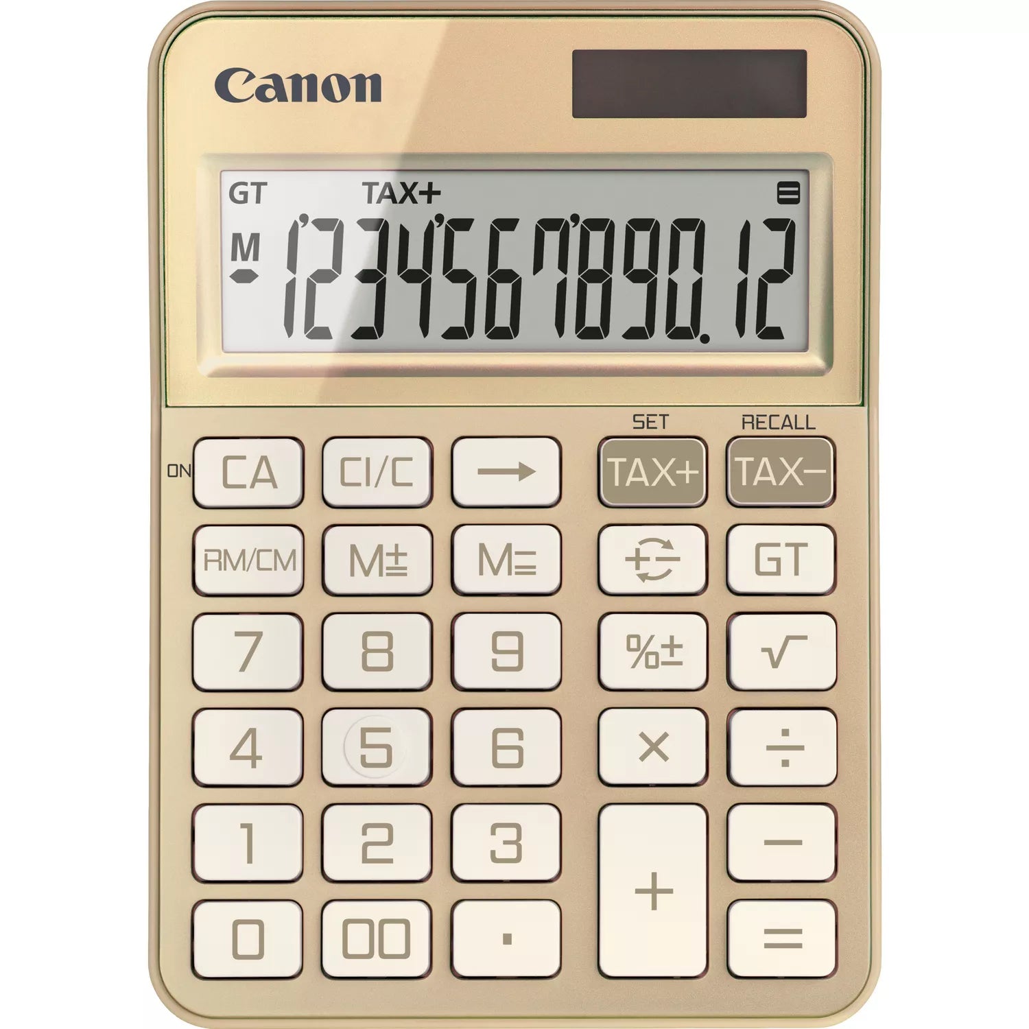 Canon Tischrechner KS-125KB – 12-stellig, LCD, Prozent/Korrektur, Solar + Batterie, Gold, 106×147×25 mm