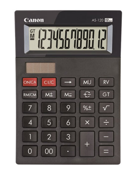 Canon Tischrechner AS-120 II – 12-stellig, LCD, Prozent/Korrektur, Solar + Batterie, Schwarz, 100×144×29 mm