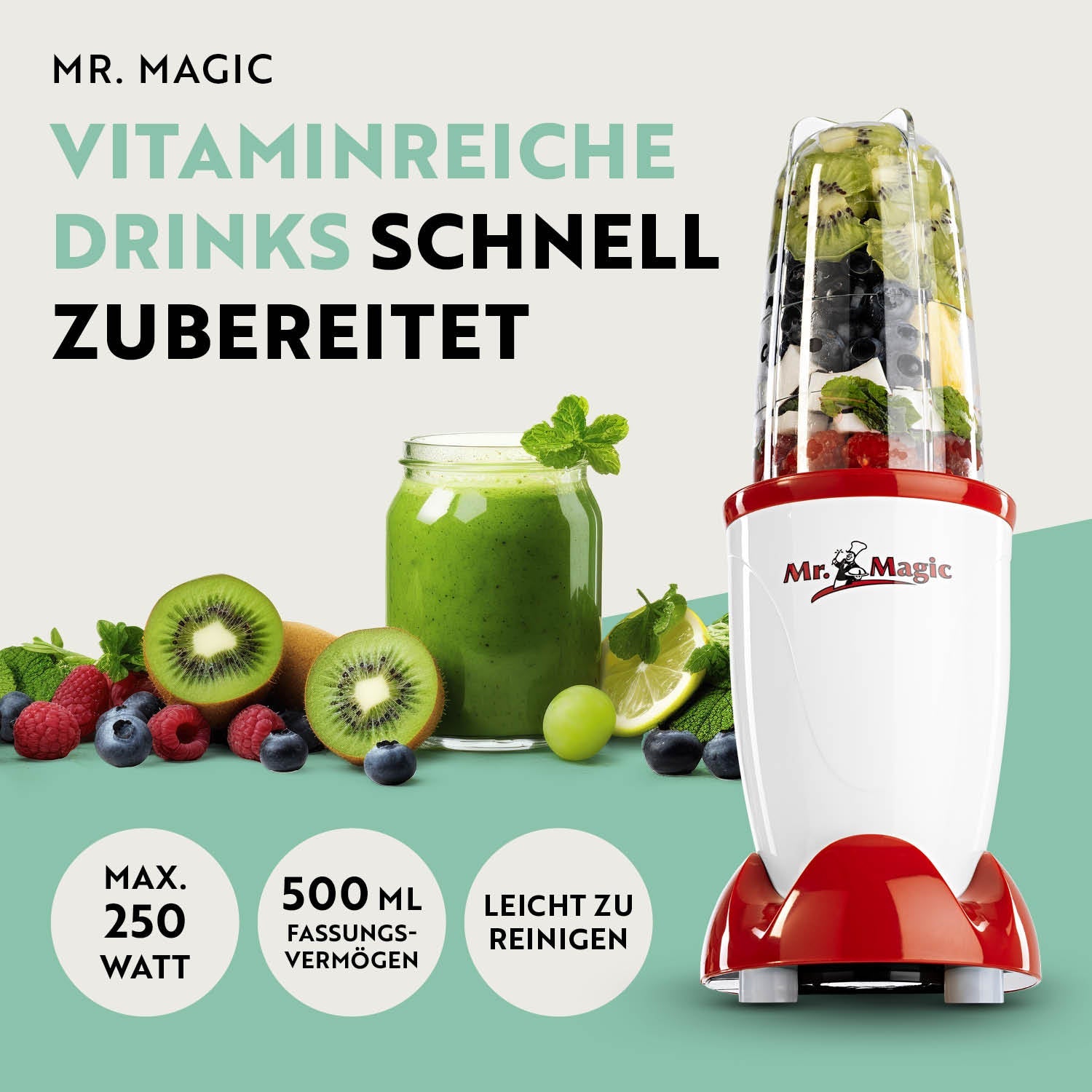 Gourmetmaxx Smoothie-Mixer Mr. Magic – 0,5 l, 250 W, spülmaschinenfest – rot/weiss