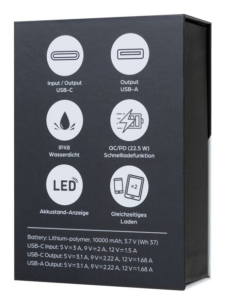 ONIT Powerbank 10000 mAh, PD 22,5 W, 2× USB-C, Durchgangsladung, für Smartphones, Tablets, Schwarz
