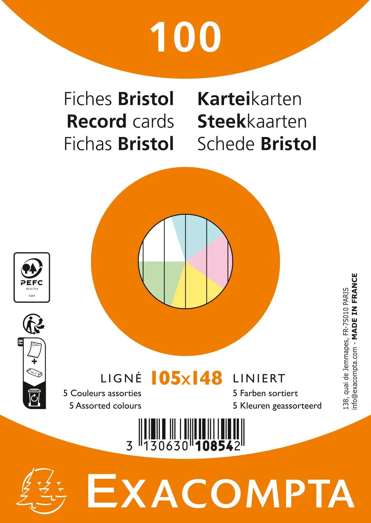 Exacompta Karteikarte A6 quer, liniert, mehrfarbig, 205 g/m², Karteikarton – 100 Stück