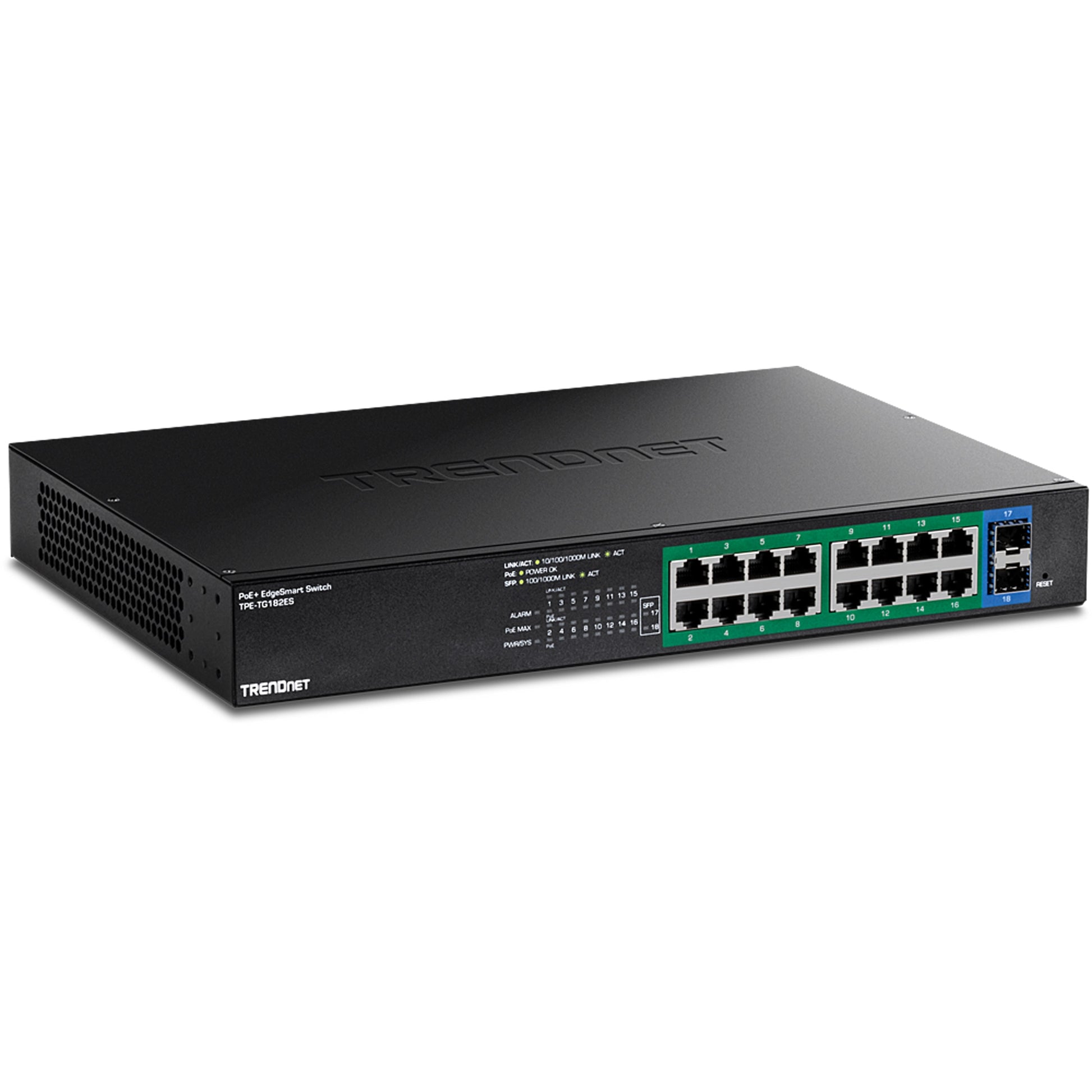 TRENDnet TPE-TG182ES – Smart Switch – 16× 1G, 2× SFP, PoE+, PoE-Budget 240 W, 19", 1U