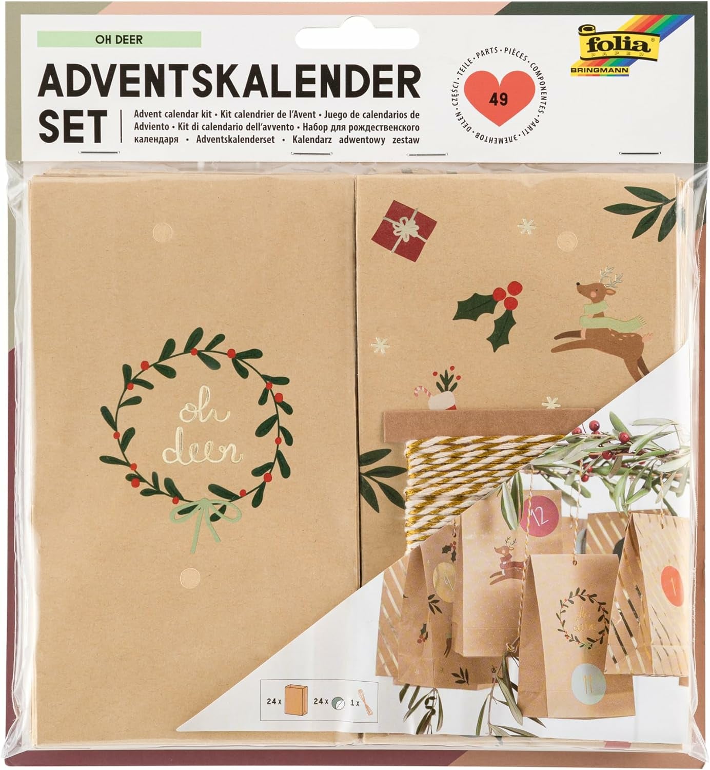 Folia Adventskalender-Set Oh Deer – 24 bedruckte Blockbodenbeutel – 100 × 175 × 55 mm