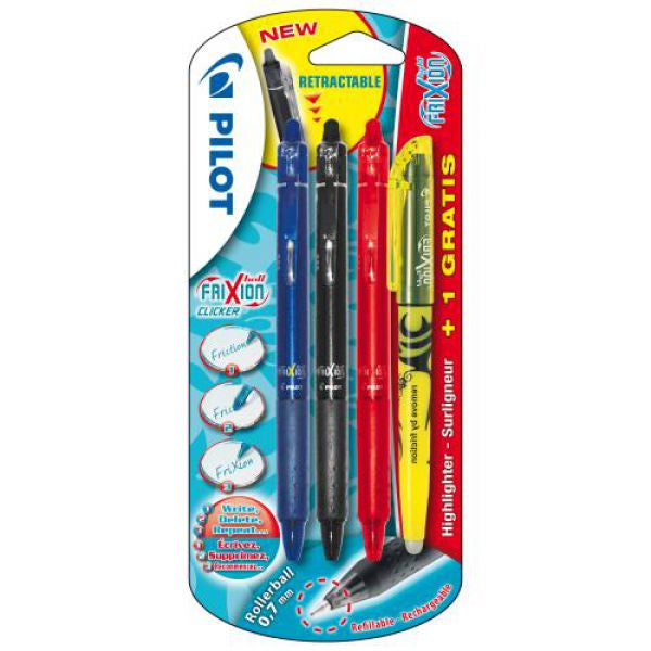 Pilot FriXion Clicker – Tintenroller, 0,35 mm, sortiert, radierbar, Druckmechanik – 4 Stk.