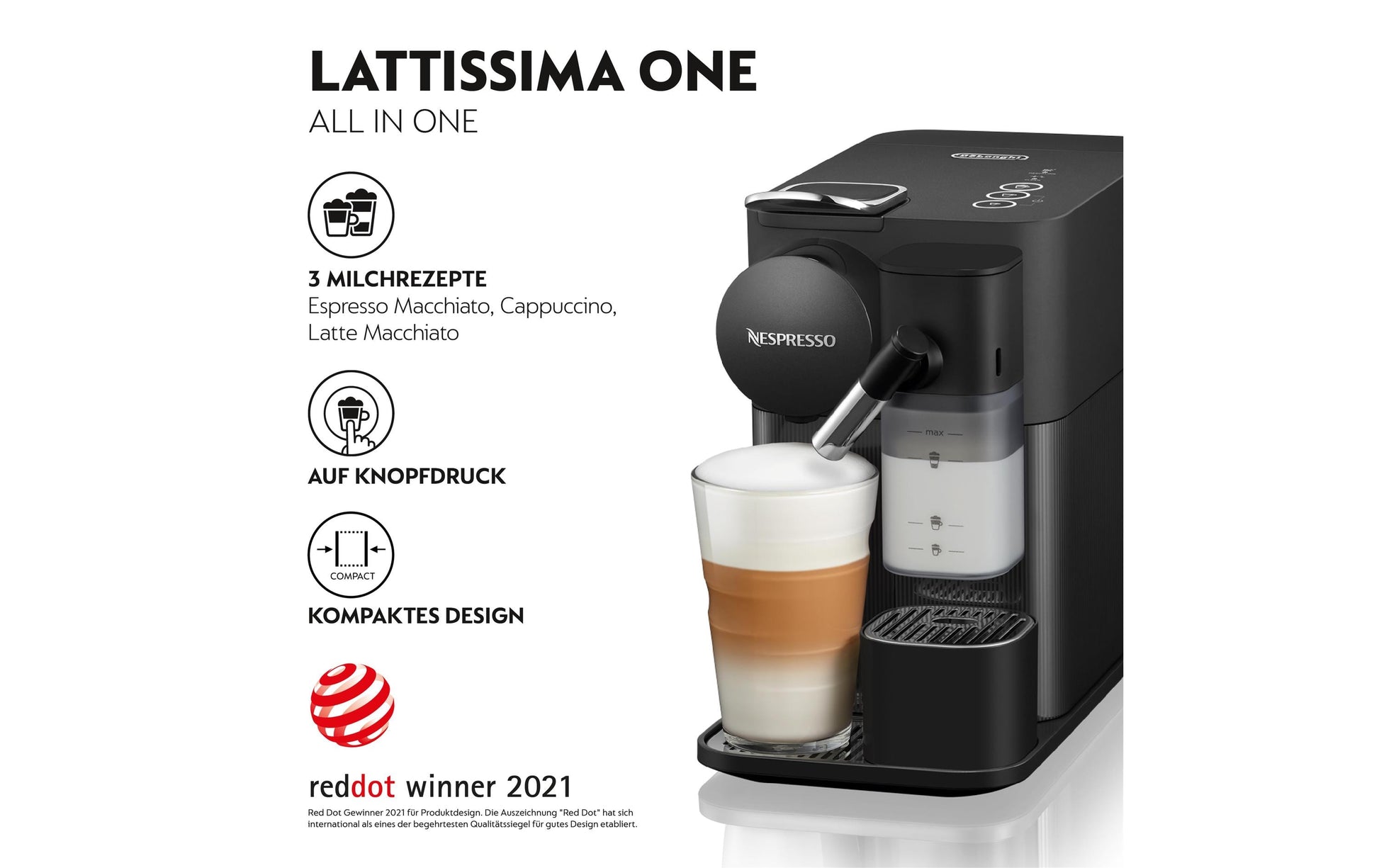 De’Longhi Lattissima One Kapselmaschine – für Nespresso-Kapseln, 19 bar, 1 l, Schwarz
