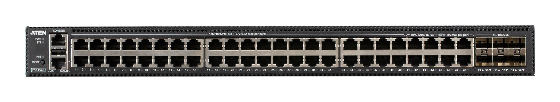 ATEN ES0154P – Managed Switch – 48×GbE, 6×SFP28, L2+, PoE++ 740 W, 19" Rack