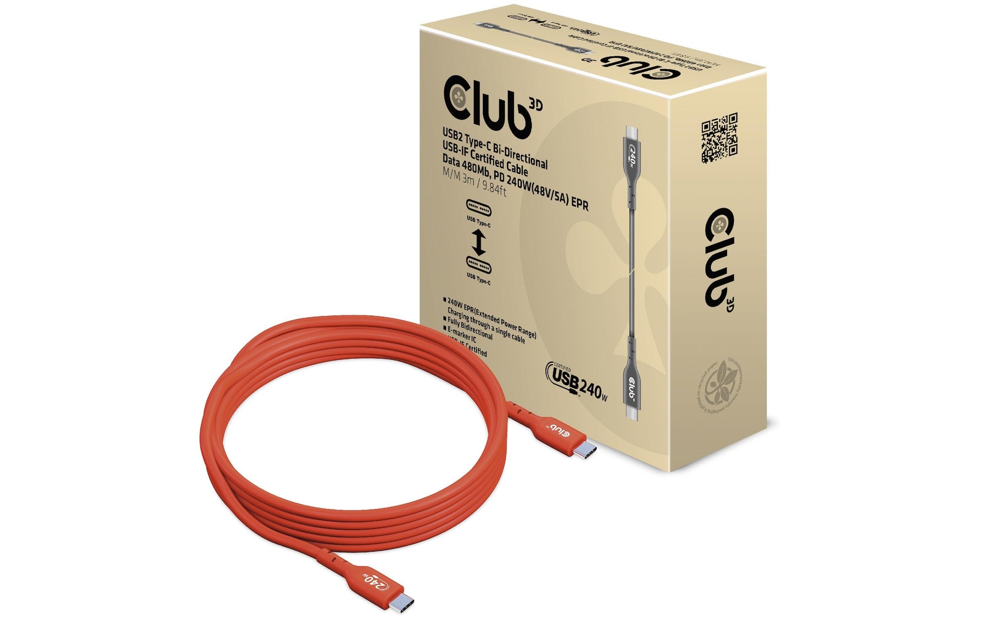 CLUB3D Club 3D – USB-C auf USB-C Kabel – USB 2.0 (480 Mbps) – 3 m – PD 240 W – USB-IF zertifiziert, verstärkt