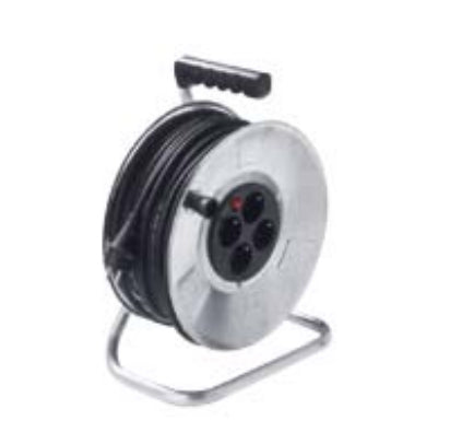 Bachmann Kabelrolle – 4× Steckdosen, 25 m, IP20, Schwarz/Silber