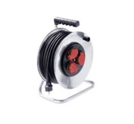 Bachmann Kabelrolle, 3 Steckdosen, IP44, ohne Kabel, mit Thermoschutzschalter und Deckel – Silber