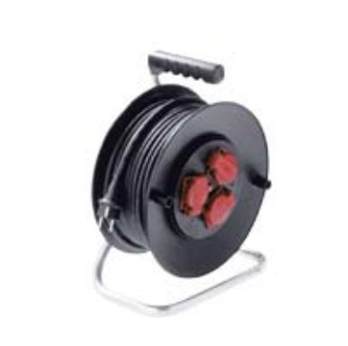 Bachmann Kabelrolle, 40 m, 3×T13, IP44, Thermoschutzschalter, Klappdeckel, Stecker T12 – Schwarz