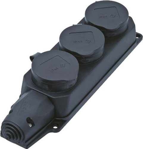 Bachmann Steckdosenleiste, 3×T13, Klappdeckel, Aufhängeöse, IP44 – Schwarz