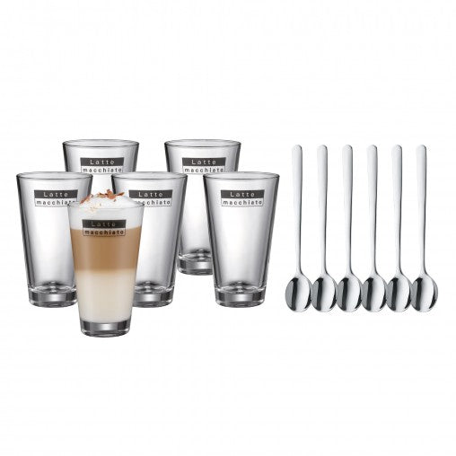 WMF Latte Macchiato Becher – 6er Set, 280 ml, H 15,0 cm, Glas, Transparent, spülmaschinenfest, inkl. Löffel